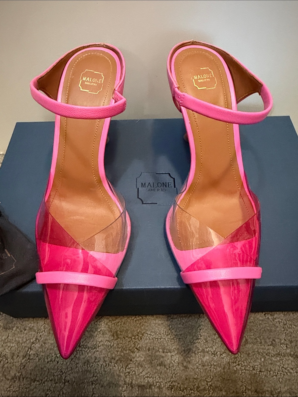 Malone Souliers Hot Pink Leather and PVC Strap Heels